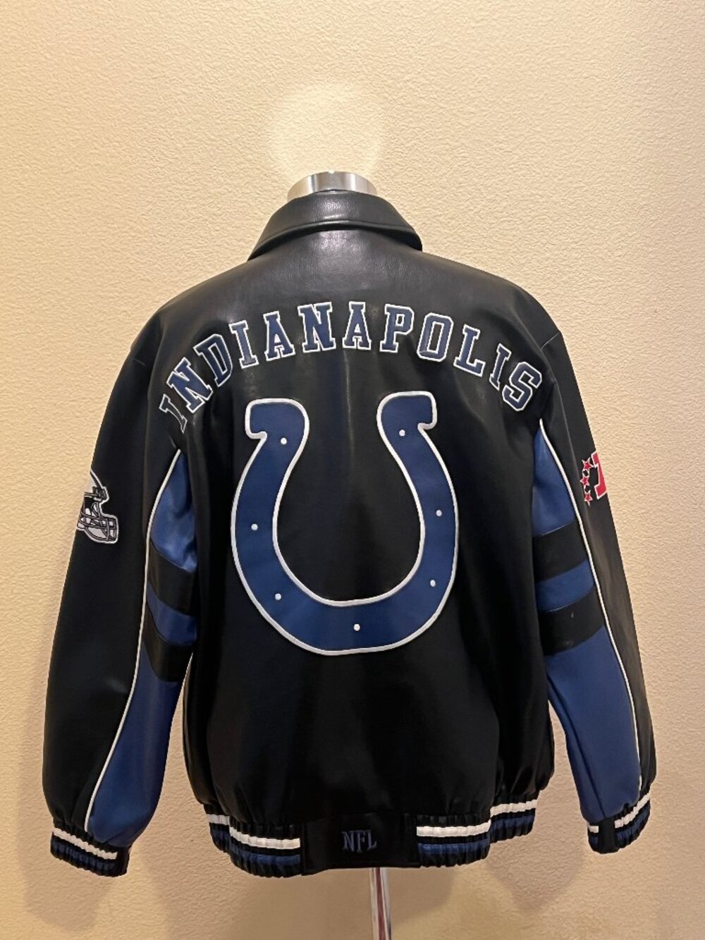 G-III Indianapolis Colts Faux Leather Varsity NFL Jacket Mens Size XL Black Blue